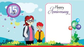 White blank space greeting cards. Anniversary edition. Cartoon couple in blue background vector