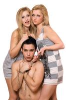 Two blonde and a guy in chains photo