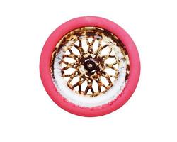 Pink bicycle  rusty wheel in the snow on a white background photo