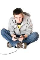 Guy with a joystick for game console. Isolated photo