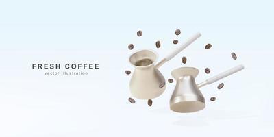 3d banner with realistic two golds Turku for coffee and coffee beans. Vector illustration.