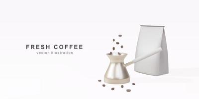 3d banner with realistic  golds Turku, package for coffee and coffee beans on a white background. Vector illustration.