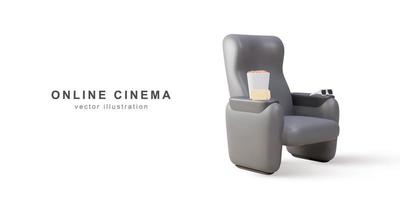 3d cinema seat with comfortable elbows, tickets, popcorn, glasses. Vector illustration.