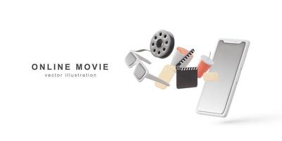 Mobile Movie Theater, Cinematography and Filmmaking, Ticket Ordering. Template for Web Banner or Website Landing Page. Vector illustration.