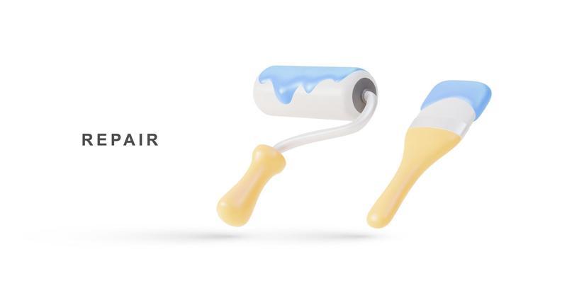 3d realistic Paint roller and Paint brush. Vector illustration.