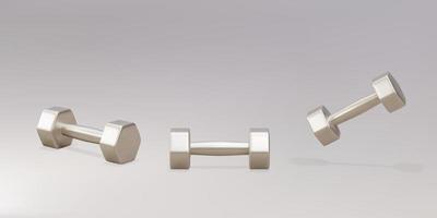 3d three realistic gold dumbbells isolated on grey background. Vector illustration.