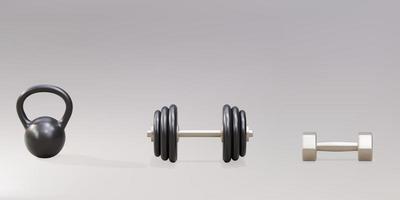 Two 3d dumbbells and a kettlebell on a gray background. Vector illustration.