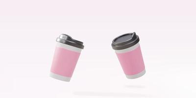 3d two paper coffee cups on a pink background. Vector illustration.