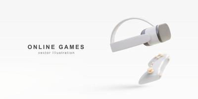 3d White Virtual reality glasses and old gaming controller. Modern technological devices. game element. Vector illustration.