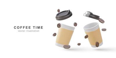 3d banner with open realistic two paper coffee cups and coffee beans on a white background. Vector illustration.