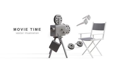 3d realistic retro camera, clapperboard, Film reels, glasses and director chair. Vector illustration.