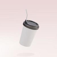 3D white paper coffee cup with a straw on a pink background. Vector illustration.