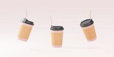 3D set paper coffee cups with a straw on a pink background. Vector illustration.