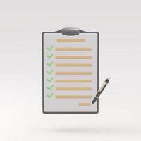 3d Successfully complete business assignments icon with a checklist on clipboard paper. Vector illustration.