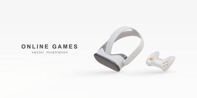 3d White Virtual reality glasses and gaming controller, game element. Vector illustration.