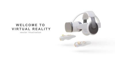 3d White Virtual reality glasses, headphones and  gaming controller. Futuristic realistic 3d creative concept design. Modern technological devices. game element. Vector illustration.