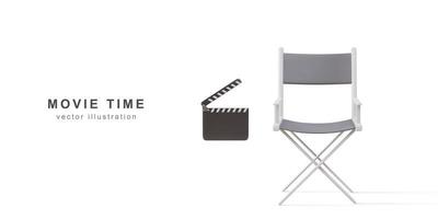 Cinema Industry Concept. 3d realistic Director Chair, cinema clapper on white background. Vector illustration.