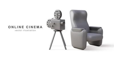 Cámara retro 3d realista y sillón de cine. ilustración vectorial vector