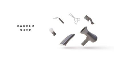 3d realistic flying objects kit for barber shop on a white  background. Vector illustration.