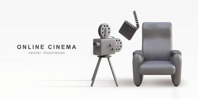 3d realistic retro camera, clapperboard and Cinema armchair. Vector illustration.