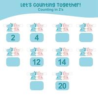 Mathematic counting worksheet. Math activity, count and write the missing numbers, math multiples. Educational printable math worksheet for children. Vector File.