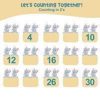 Mathematic counting worksheet. Math activity, count and write the missing numbers, math multiples. Educational printable math worksheet for children. Vector File.