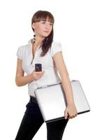 Businesswoman with phone and laptop over white photo