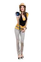 Brunette with a loudspeaker photo