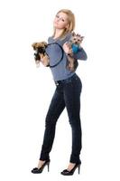 Attractive young blonde posing with two dogs photo