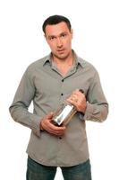 Man with a bottle of whiskey. Isolated photo