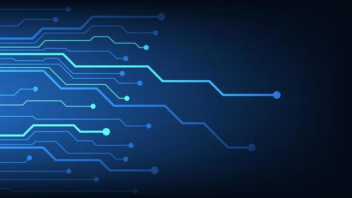 Hi tech digital circuit board. AI pad and electrical lines connected on blue lighting background. futuristic technology design element concept
