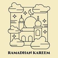 Islamic Ramadhan Ramadan Kareem, Illustration vector graphics of Mosque on the sky. Simple line art. Suitable for use as posters, greeting cards etc