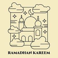 ramadhan islámico ramadan kareem, gráficos vectoriales ilustrativos de la mezquita en el cielo. arte de línea simple. adecuado para su uso como carteles, tarjetas de felicitación, etc. vector