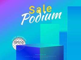 Blue square prism podium on a blue background with a colorful backdrop for displaying products on sale. Vector illustration