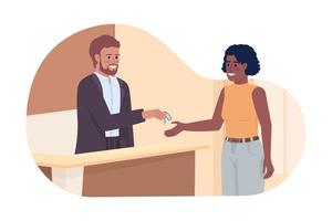 Receptionist giving keys to guest 2D vector isolated illustration. Reserve apartment. Concierge and woman flat characters on cartoon background. Color editable scene for mobile, website, presentation