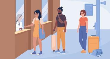 Buying tickets for bus and train flat color vector illustration. Passengers with bags waiting in line. Fully editable 2D simple cartoon characters with airport terminal interior on background