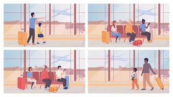 Spending time in transit lounge flat color vector illustration set. Passengers waiting before boarding. Fully editable 2D simple cartoon characters with airport terminal interior pack on background