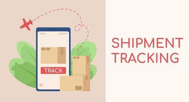 Shipment tracking flat vector banner template. Checking package, parcel with mobile app poster, leaflet printable color designs. Editable flyer page with text space