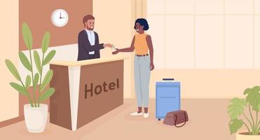 Ilustración de vector de color plano de llegada de hotel. reservar habitación en albergue. recepcionista saludando a un nuevo invitado. personajes de dibujos animados simples 2d completamente editables con interior de sala de espera en el fondo