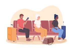 esperando en la estación para la llegada de autobús y tren 2d vector ilustración aislada. pasajeros con personajes planos de equipaje en el fondo de dibujos animados. colorida escena editable para móvil, sitio web, presentación