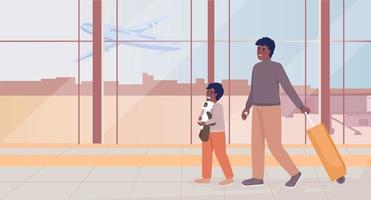 Arrive at airport for flight flat color vector illustration. Small boy with toy and father with valise walking. Fully editable 2D simple cartoon characters with airport terminal interior on background