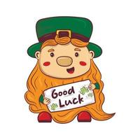 Cartoon doodle saint patrick red-bearded gnome holding a sign of good luck vector