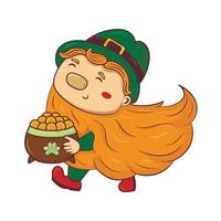 Cartoon doodle saint patrick red-bearded leprechaun carries a pot of gold coins vector