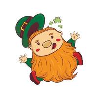 Cartoon doodle saint patrick red beard gnome jumping for joy with good luck clover around vector