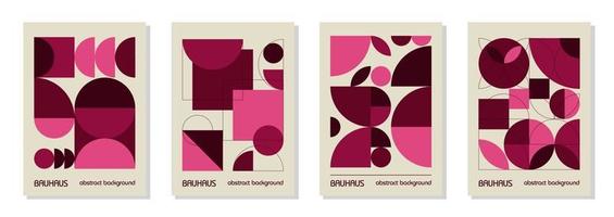 Set of 4 minimal vintage 20s geometric design posters, wall art, template, layout with primitive shapes. Bauhaus pink magenta retro pattern background, vector abstract circle, triangle and square