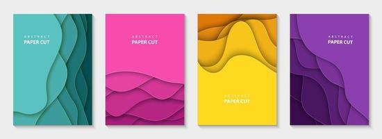 Vertical vector flyers with colorful paper cut waves shapes. 3D abstract paper style, design layout for business presentations, flyers, posters, prints, decoration, cards, brochure cover, banners.