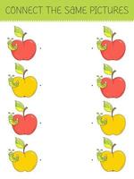 Connect the same pictures game with a cute cartoon apple with caterpillar. Children's game with an apple with worm. Vector illustration.