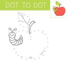 Dot to dot game coloring book with apple and caterpillar for kids. Coloring page with a cute cartoon apple and worm. Connect the dots vector illustration.