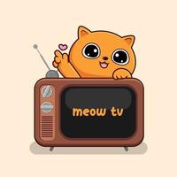 Orange Cat Kawaii Behind TV Loving Hand - Cute Orange Cat Above TV vector