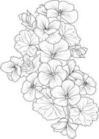 conjunto de una flor de geranio estilizada decorativa aislada sobre fondo blanco. ilustración vectorial muy detallada, garabatos y estilo de garabatos zen, diseño de tatuajes flores de pelargonio en flor. vector